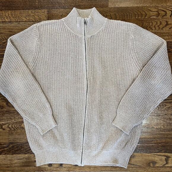 LL Bean Mock Neck Full Zip Chunky Knit Sweater Mens L Oatmeal Tan 100% Cotton - Picture 1 of 7